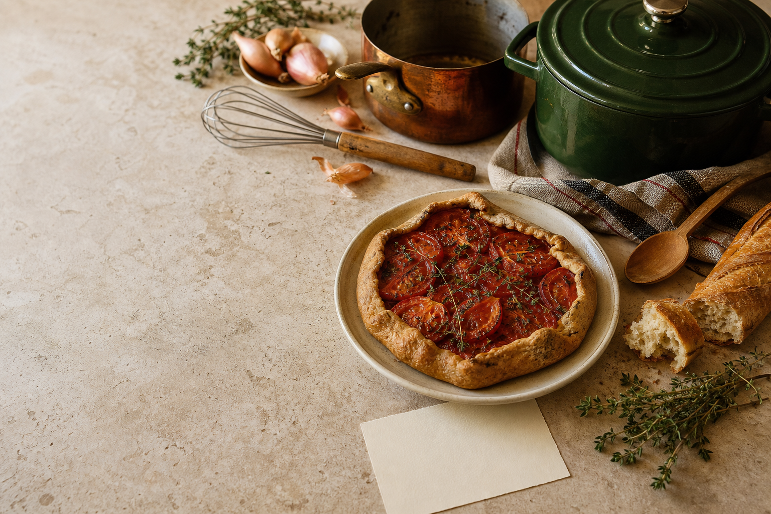 A green Dutch oven, whisk, pasta, basil, and a blank recipe card on a warm kitchen counter
